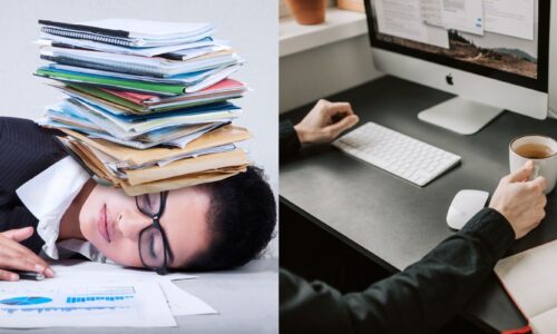 Ilustración dividida que contrasta exceso de trabajo y estrés con trabajo de calidad en equilibrio con la vida personal.