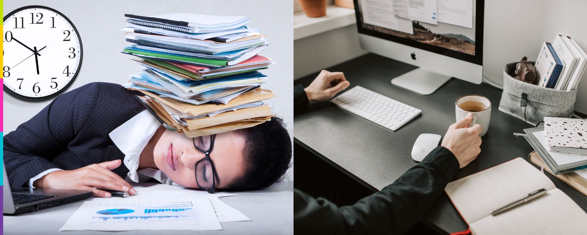 Ilustración dividida que contrasta exceso de trabajo y estrés con trabajo de calidad en equilibrio con la vida personal.
