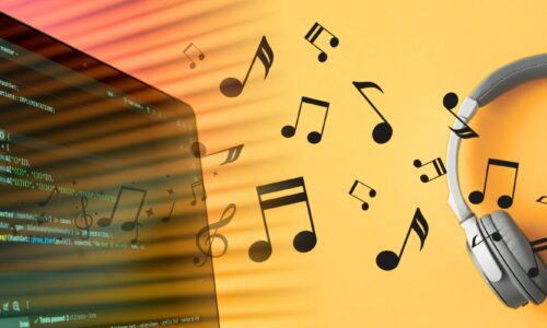 Auriculares junto a notas musicales digitales y código en pantalla que representan la transformación de la industria musical.